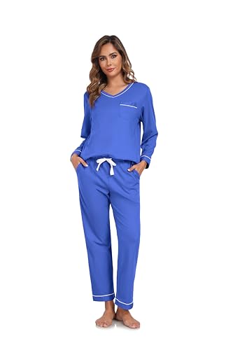 Image of COLORFULLEAF 100% Cotton Pajama Set for Women Long Sleeve Sleepwear with Pants Soft Comfy Two-Piece Pjs with Pockets