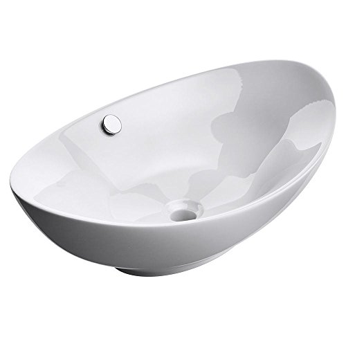 Durovin Bathrooms Ceramic Wash Basin - Counter Top Mounted Oval Vessel Sink - Deep Fill with Overflow Slot