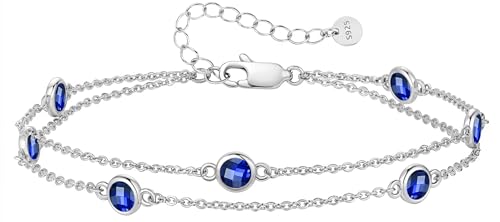 LOUISA SECRET Birthstone Bracelets for Women, 925 Sterling Silver Charm Link Double Strand Bracelet, Birthday Anniversary Christmas Jewelry Gifts for Wife Girlfriend Mother her