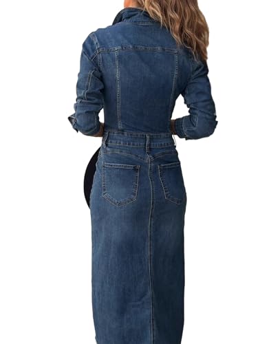 Conshvi Denim Dress for Women Trendy Long Sleeve Button Down Denim Maxi Dress 2025 Fall Bodycon Slit Long Jean Dresses4