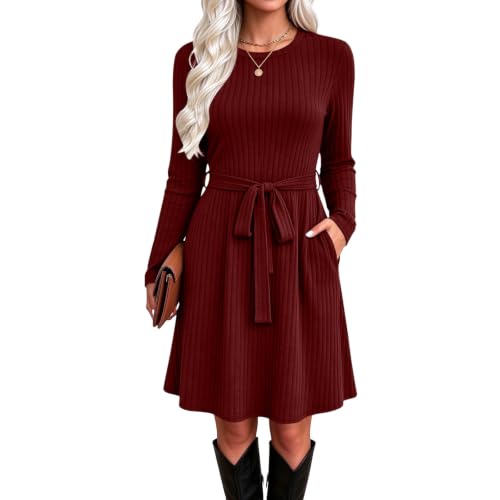 Fall Dresses for Women Fall Sweater Dress Long Sleeve Tie Waist Midi Dress - image 4