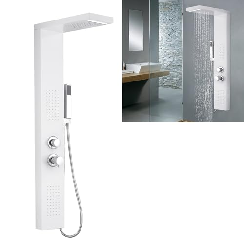 YUENFONG Panel de ducha de lluvia de acero inoxidable, sistema de ducha, columna de ducha de lluvia con alcachofa de mano, ducha de efecto lluvia, ducha de masaje, ducha cascada, color blanco