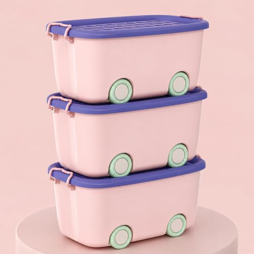 Image of JD FRESH 25 Litre Rolling Toy Storage Box /Colorful Car-Shaped Kids Toy Storage Organizer /Large Size Plastic Storage Box with Wheels & Handle /Stackable Storage Container Box (Pack of 3, Pink)