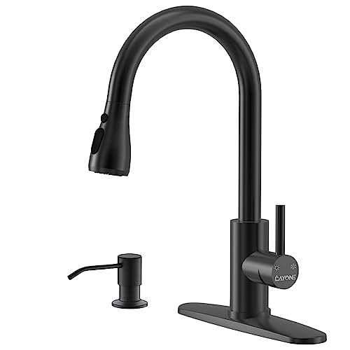Matte Black Kitchen Faucet With Pull Down Sprayer And Soap Dispenser, Dayone Single Handle High Arc Stainless Steel Kitchen Faucet Tap, With Escutcheon & 3 Functions, Day-257Mb #TOP9
