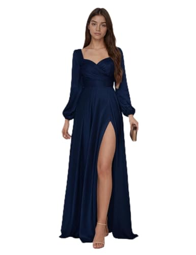 Infuness Langärmliges Satin Abendkleider für Damen V Ausschnitt Lange Brautjungfernkleider Elegante Ballkleider mit Schlitz