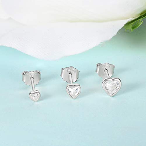 Sterling Silver Small Stud Earrings for Women Men, 3 Pairs of Tiny Heart Shaped Cubic Zirconia Earrings White Gold Plated CZ Cartilage Tragus Earrings(2mm/3mm/4mm)3