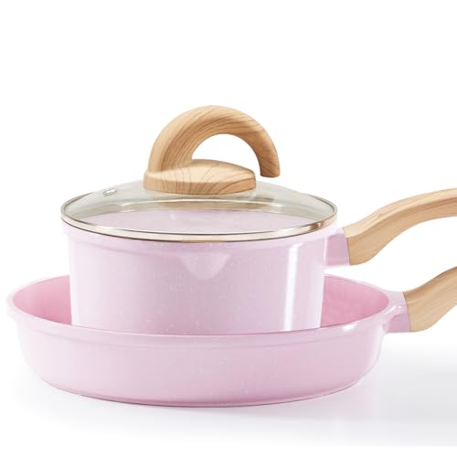 Image of Vkoocy Pots and Pans Set Non Stick, Healthy Ceramic Cookware Set, 3pcs Kitchen Pots Frying Pan Saucepan, PFAS-Free, Pink