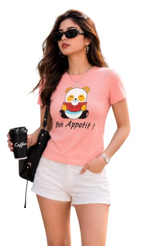 Image of Preneum Women's Graphic Printed T-Shirt, Round Neck Half Sleeve Casual Slim Fit Cotton Blend Tee, College, Office & Travel