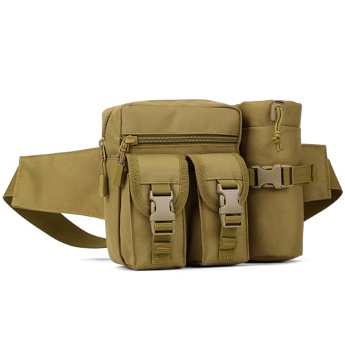 Huntvp Taktisch Hüfttasche mit Flaschenhalter Militärisch Bauchtasche Wasserdicht Gürteltasche MOLLE Wasserflasche Halter Multifunktional für Damen Herren Wandern Laufen Camping Trekking, Braun