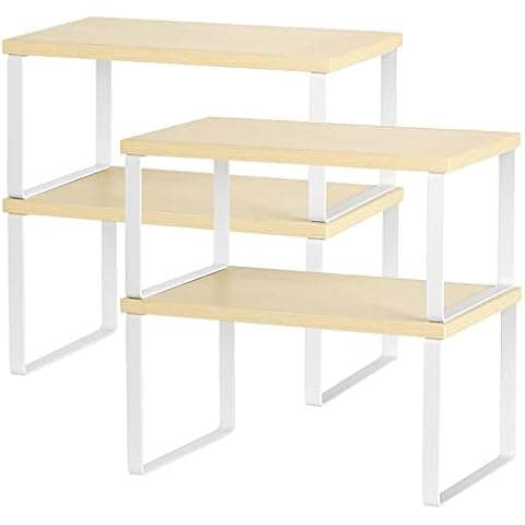 Counter Shelves Set of 4 Stackable Kitchen Cabinet Organizer Shelf and Expandable Wood Countertop Shelves for Bathroom Study Room, White Cover