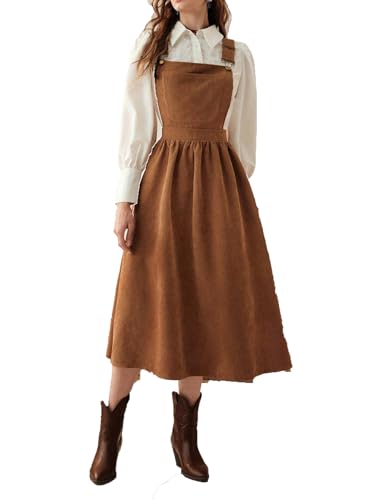 COSDREAMER Damen Cord Overall Kleid Verstellbarer Träger Breiter Saum Midi Pulloverkleid mit Tasche Vintage A-Linie Strapskleider, braun, L
