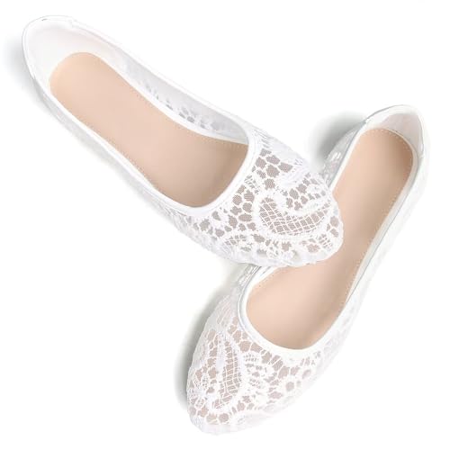 WENJIAZHIZHI Women's Ballets Flats Round Toe Foldable Lace Wedding Flats Comfortable Bridal Dressy Shoes