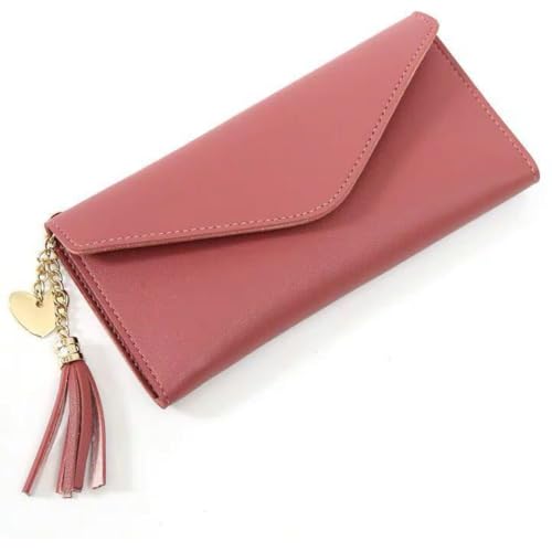 Carteira Feminina Estilo Envelope com Zíper, Pingente Decorativo de Coração e Borla (Nude)