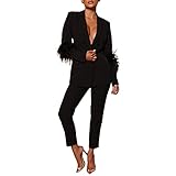 Women Feathers Blazer Suits Long Sleeve Open Front Pant Suits Set 2 Piece Casual Outfits