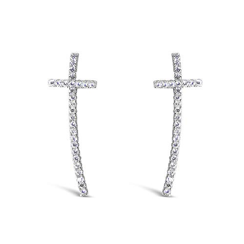 925 Solid Sterling Silver Dangling Cubic Zirconia Cross Ear Crawler Stud Earrings, CZ Dangle Ear Climber