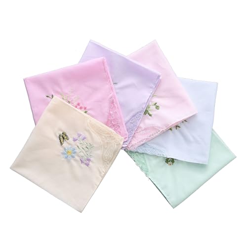NYGGTYK 6 Pañuelos para Mujer Retro de Algodón Suave con Encaje Bordados (Blanco/Rosa/Amarillo/Azul/Morado/Verde), Talla Única
