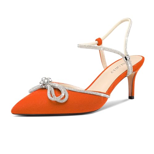 DearOnly Womens Rhinestone Kitten Heels with Bow-Knot Glitter Ankle Strap Pointed Toe Pumps Stiletto Mid Heel Crystal Slingback Wedding Dress Shoes 2.6 Inches Heels