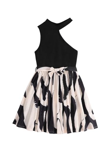 WDIRARA Girl's Printed Sleeveless Cut Out Ruffle Hem Belted A Line Swing Short Dress
