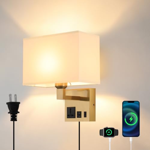 Image of Plug in Wall Sconces, Wall Lamp with Brass Base Square lampshade | Wall Lamps for Bedroom Bulb Included, Wall Mounted Lamp with 3 Color Temperature, Bedside Lamps with USB Ports and AC Outlet