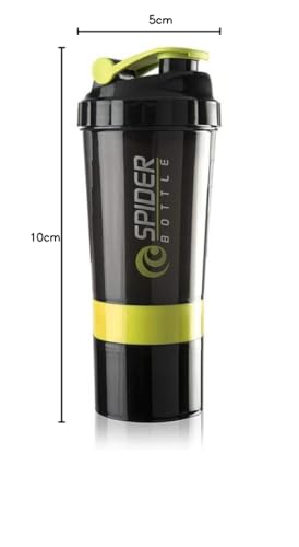Image of Gym Spider Shaker Bottle with Extra Compartment, 100% Leakproof, Ideal for Protein, Preworkout, BCAAs, Cycling, Gym Water Bottle | Shaker Cup, Diet Shaker with Blenderball, 500ml (Yellow)