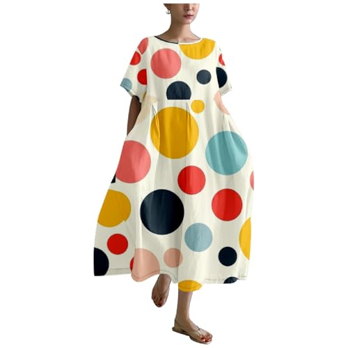 Womens Plus Size Polka Dot Boho Floral Maxi Summer Dress Casual Crew Neck Baggy Dress with Pockets