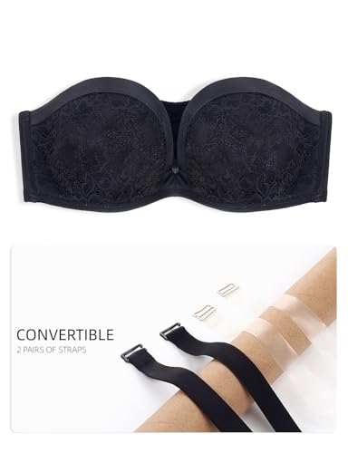 Image of Upushall Push Up Strapless Bra with Clear Straps Covertible Plunge Lace Padded Add 2 Cups Low Cut Underwire Bras for Women