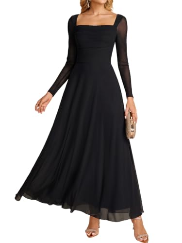 KUTUMAI Fall Long Sleeve Maxi Elegant Formal Wedding Guest Dress for Women | Classy Square Neck, Modest Flowy Mesh Dresses for 2026 Cocktail Party Holiday Church