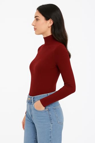 Image of Women Ribbed High Neck Full Sleeve Pullover Sweater|Solid Stretchable Slim Fit Winter Wear Top for Casual & Office Use