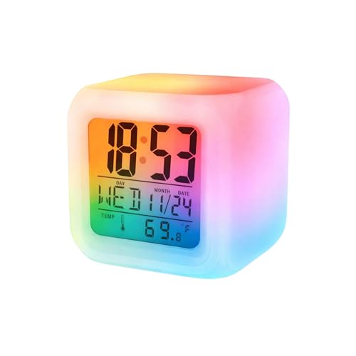 PARENCE - Réveil Caméléon Lumineux LCD – Horloge Digitale Multicolore avec Thermomètre – Affichage 12/24h – 7 Couleurs Changeantes