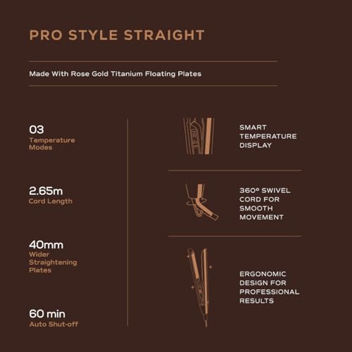 Image of Winston Pro Style Hair Straightener with Rose Gold Titanium Floating Plates, Smart Temperature Display, 3 Heat Modes, 40mm Wide Plates, 360 Swivel Cord & Auto Shut-Off for Women & Men