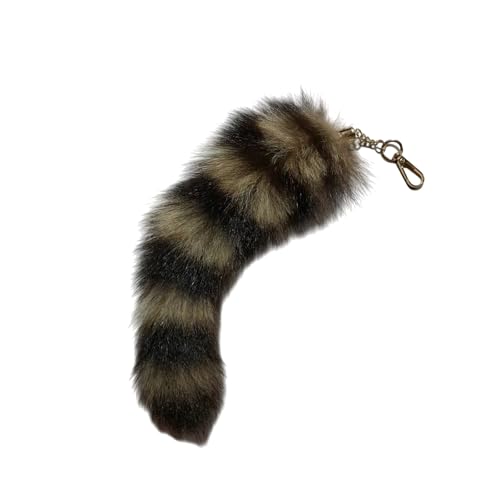 SDYHTS Fluffy Raccoon Tail Keychain - Realistic Faux Fur Key Ring 11 Inch Soft Therian Accessory for Cosplay Renaissance Fairs Bag Charm & Pet Play Toy