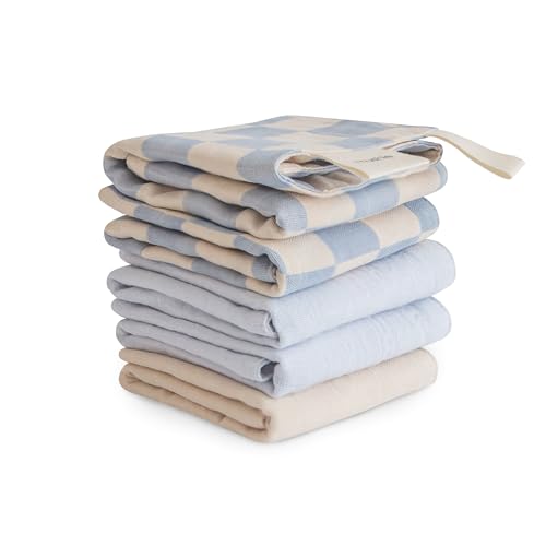 Image of mushie Muslin Organic Cotton Washcloths 5-Pack (Blue Check Combo) | Soft Wipes for Baby Cleanups and Bathing