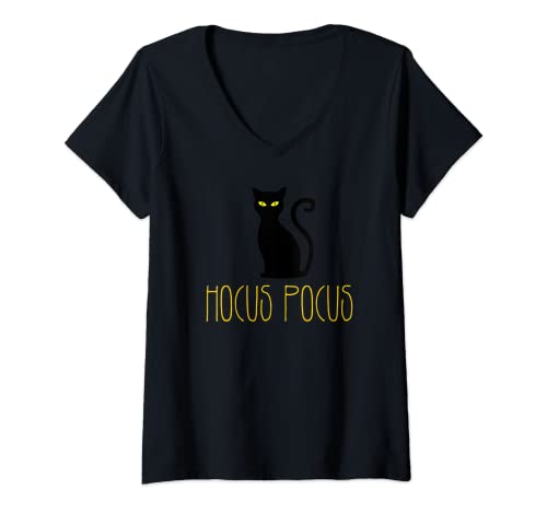 Femme Funny Black Cat Hocus Pocus Halloween Ghost Cat T-Shirt avec Col en V