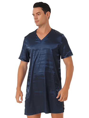 Hedmy Sleepwear Mens Silk Satin Nightshirt Short Sleeve Pajamas Nightgown Night Shirts Loungewear2