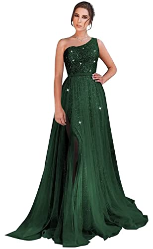 Sequin One Shoulder Prom Dresses with Slit Tulle A-Line Formal Evening Gowns Sparkly Wedding Party...
