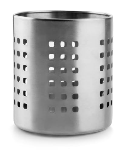 Contenedor de cubiertos de acero inoxidable, diámetro 12 cm, altura 13.6 cm, base antideslizante. Diseñado para: organizar utensilios de cocina.