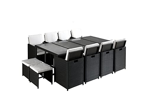 Best Mobilier - Salon de Jardin Encastrable Noir Fira - en Résine Tressée à la Main - Plateau en Verre Trempé - avec Housse de Protection - Coussins Déhoussables Beiges - 12 Places