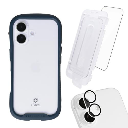 iFace Reflection iPhone 17 ケース クリア 強化ガラス (ネイビー) 画面保護フィルム (クリア) カメラレンズ 保護カバー(クリア) 3点セット