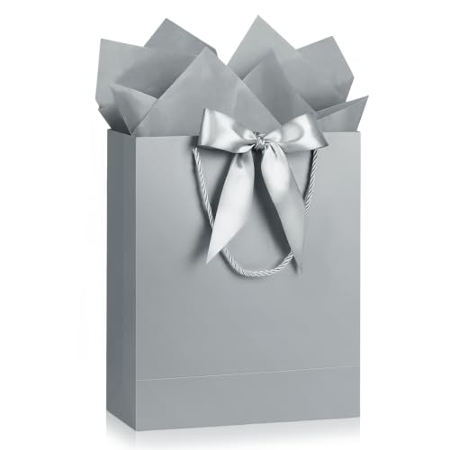 Image of JMANNI Gift Bag, 1PCS Gift Bags with Ribbon and 1 Greeting Cards 2 Tissue Paper, Portable Paper Gift Bag with Handles, Birthday Gift Bags,Present Bags for Wedding Party Mothers Day(Silver)