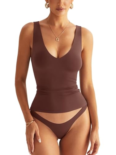 Tomwell Damen V-Ausschnitt Tank Tops Ärmellos Doppelt Gefüttert Basic Tops Slim Fit Sommer Going Out Tops Y2k Trend Mode Braun S