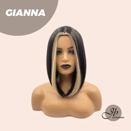 Miniatura 2 de GIANNA - Peluca negra de corte Bob con piezas de dinero rubias, pelucas rectas sin pegamento para mujer, pelucas sintéticas naturales para uso