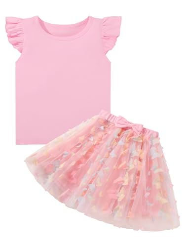 Image of Girls Tulle Skirt Set Kid Toddler Girl 2 Piece Outfits Ruffle Sleeve T-Shirt Bowknot Tutu Dress Birthday Party Outfit