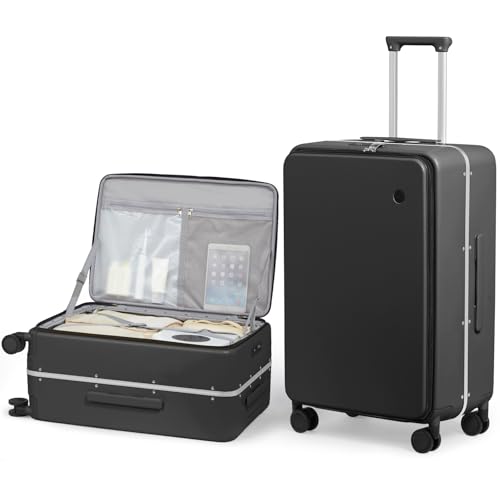 Image of mixi 24 Inch Checked Luggage PC Hard Shell Suitcase Top Opening Aluminum Frame Travel Suitcases with Wheels, Blcak