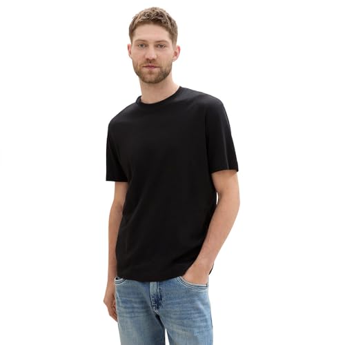 T-Shirt Noir Homme TOM TAILOR L Haut Manches Courtes Col Rond Coton Casual