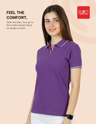 Image of Scott International Women's Cotton Polo T-Shirt | Half Sleeve Plain Collar Tee | Stylish Casual Top | Plain T-Shirt for Girls | Workwear for Office & Casual Wear