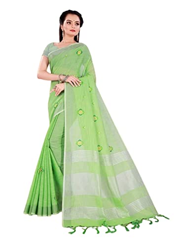 Sari indien moderne en lin vert doux avec bordure tissée 2735