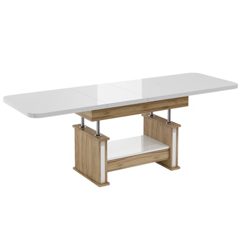 DA-555 Couchtisch Weiß Hochglanz / Eiche Gold ausziehbar höhenverstellbar mit Schublade 120/200 cm modern Wohnzimmertisch Esstisch abgerundete Ecken Sofatisch platzsparend hochwertig Wohnzimmer – Bild 4