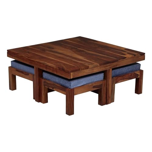 Image of Solid Sheesham Wood Square Coffee Table with 4 Stools | Centre Table with Stool for Living Room | Brown Finish | Table: 90cm x 90cm x 45cm, Stool: 40cm x 40cm x 10cm