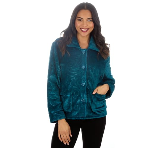 GM Apparel Ladies Fleece Bed Jacket Bath Robes – Warm Embossed Button-Up Short House Coat with Two Front Pockets, Soft Lounge & Sleepwear Cardigan (UK-18-20, Teal)
