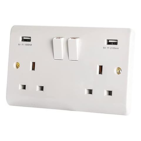 Body-Plus Double Plug USB Socket - 13A with 2 USB Fast Charging Port - 2 Gang Dual Switched Plug Wall Sockets with 3.1Amp USB Outlets Ports Compatible with IPad iPhone Tablet Mobile Cover